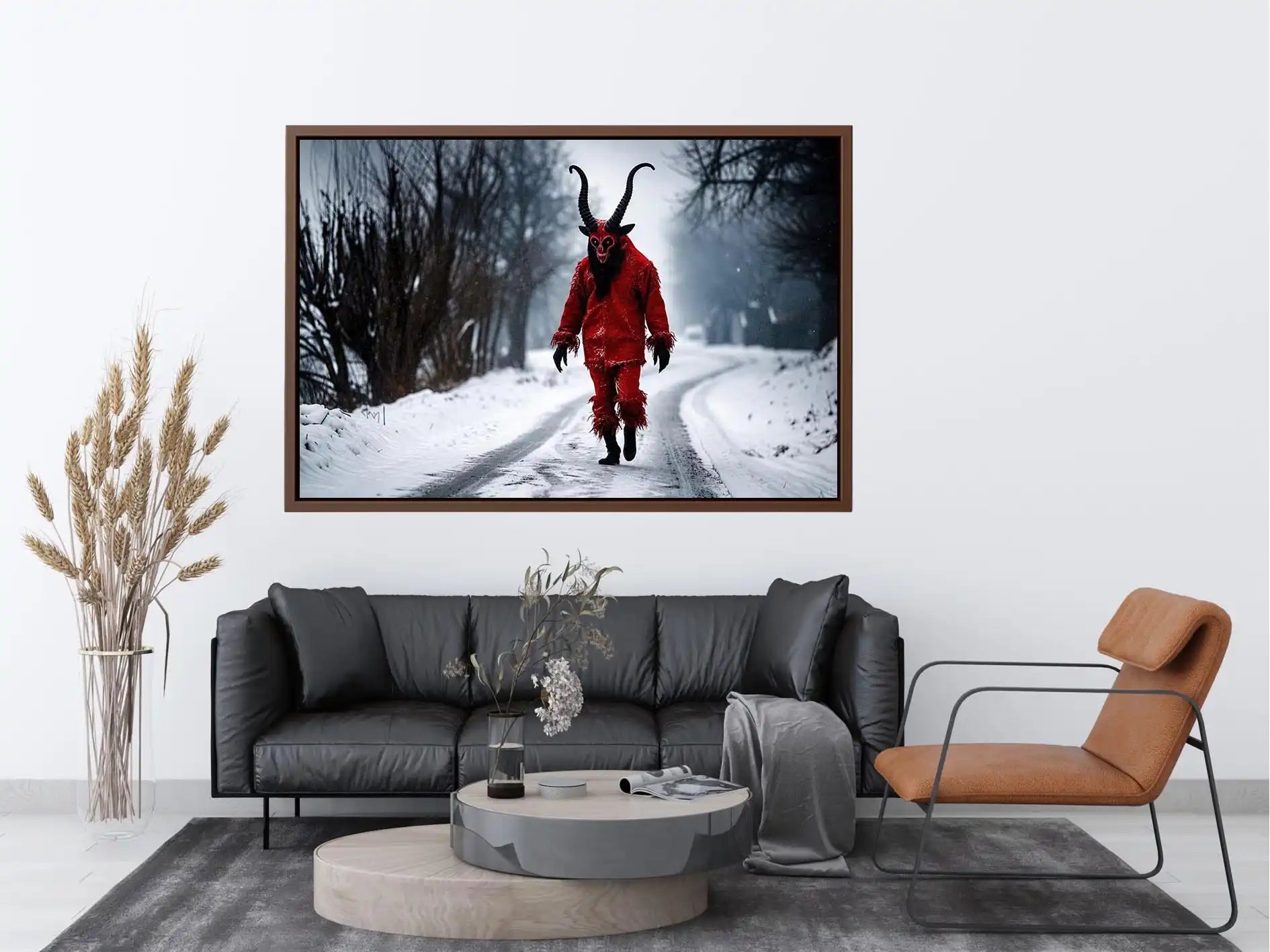 Surreal horned figure winter wall art with red costume, snowy road, dark fantasy atmosphere and cinematic horror aesthetic.