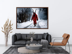 Surreal horned figure winter wall art with red costume, snowy road, dark fantasy atmosphere and cinematic horror aesthetic.