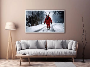 Surreal horned figure winter wall art with red costume, snowy road, dark fantasy atmosphere and cinematic horror aesthetic.