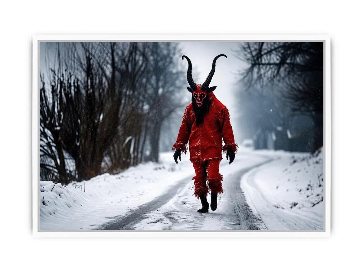 Surreal horned figure winter wall art with red costume, snowy road, dark fantasy atmosphere and cinematic horror aesthetic.