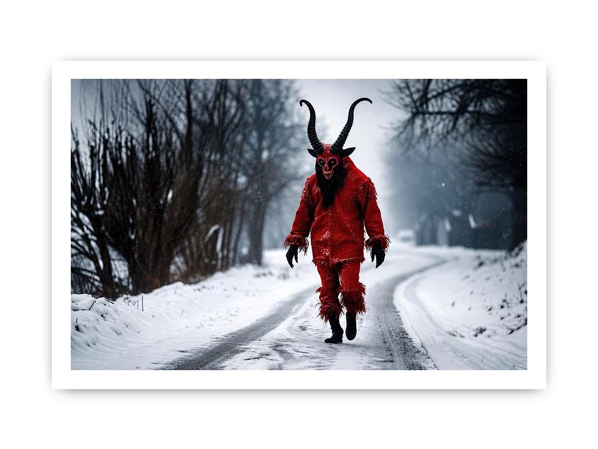 Surreal horned figure winter wall art with red costume, snowy road, dark fantasy atmosphere and cinematic horror aesthetic.