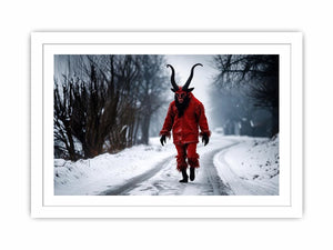 Surreal horned figure winter wall art with red costume, snowy road, dark fantasy atmosphere and cinematic horror aesthetic.