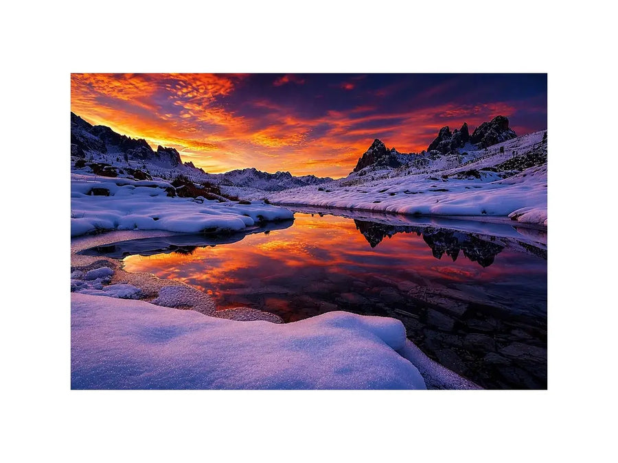 Snowy mountain sunset wall art with frozen lake reflection, colorful twilight sky and peaceful winter landscape photography.