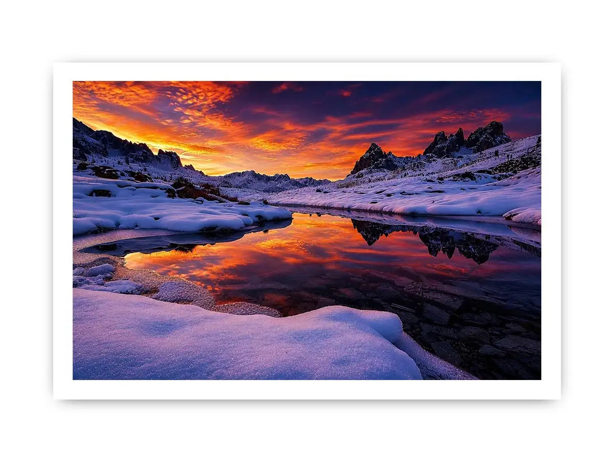 Snowy mountain sunset wall art with frozen lake reflection, colorful twilight sky and peaceful winter landscape photography.