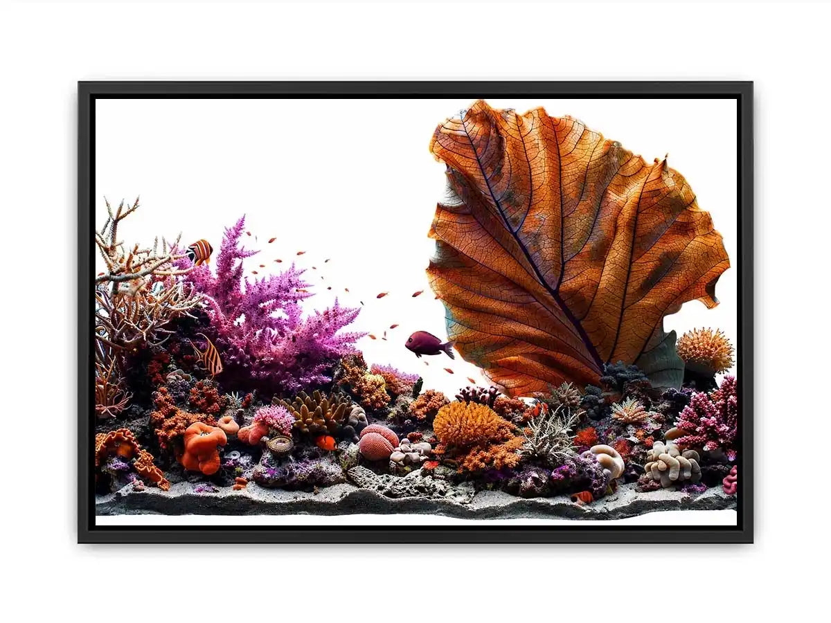 Colorful coral reef wall art with tropical fish, oversized sea fan coral and vibrant underwater ocean scenery.