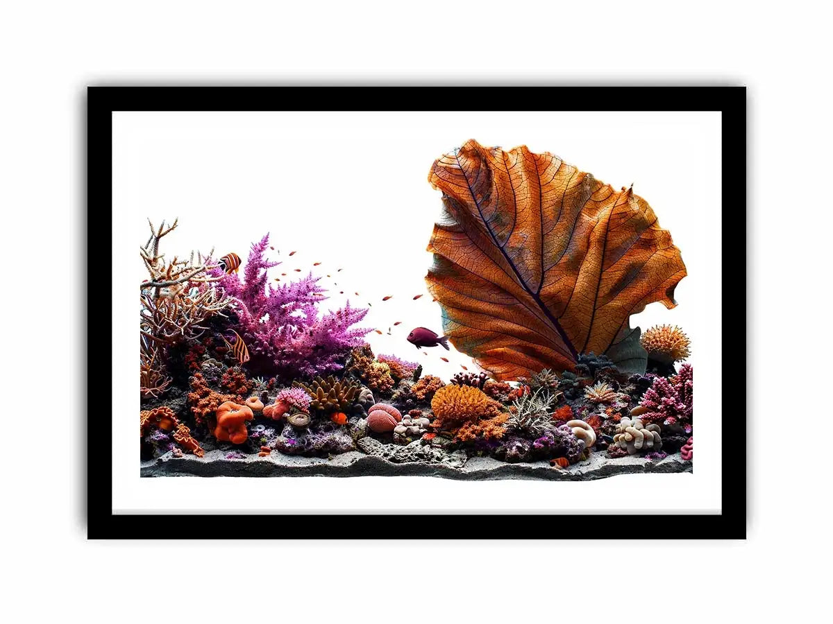 Colorful coral reef wall art with tropical fish, oversized sea fan coral and vibrant underwater ocean scenery.