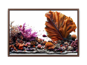 Colorful coral reef wall art with tropical fish, oversized sea fan coral and vibrant underwater ocean scenery.