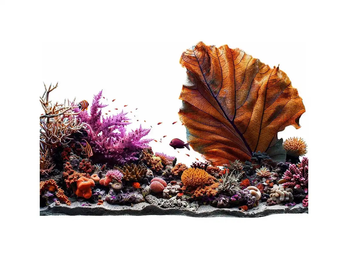 Colorful coral reef wall art with tropical fish, oversized sea fan coral and vibrant underwater ocean scenery.