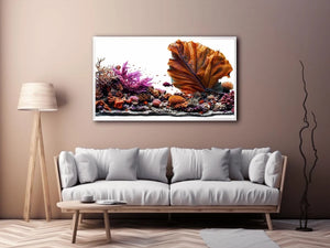 Colorful coral reef wall art with tropical fish, oversized sea fan coral and vibrant underwater ocean scenery.