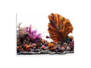 Colorful coral reef wall art with tropical fish, oversized sea fan coral and vibrant underwater ocean scenery.