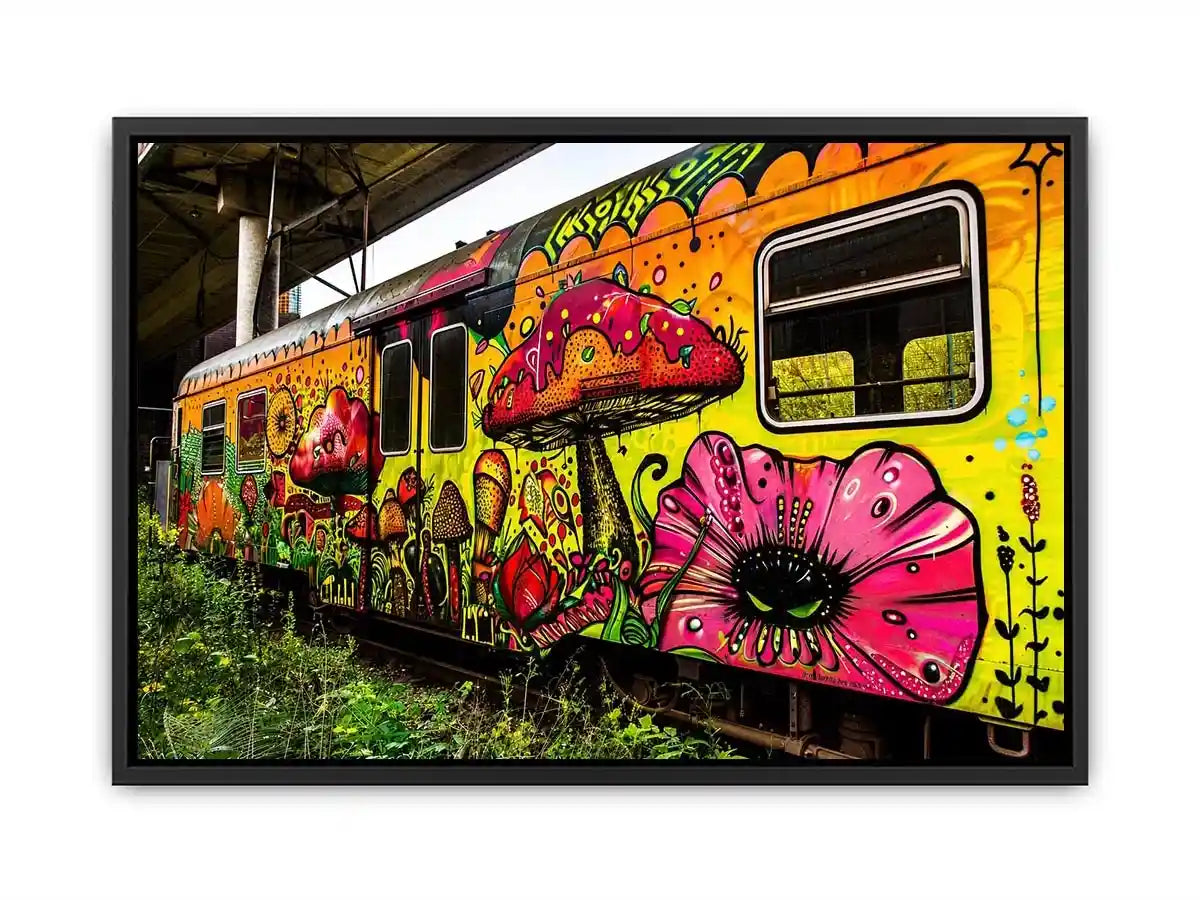 Colorful graffiti train wall art featuring psychedelic mushrooms, flowers and vibrant urban street art.