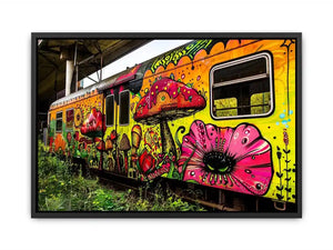 Colorful graffiti train wall art featuring psychedelic mushrooms, flowers and vibrant urban street art.