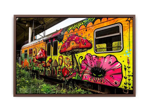 Colorful graffiti train wall art featuring psychedelic mushrooms, flowers and vibrant urban street art.