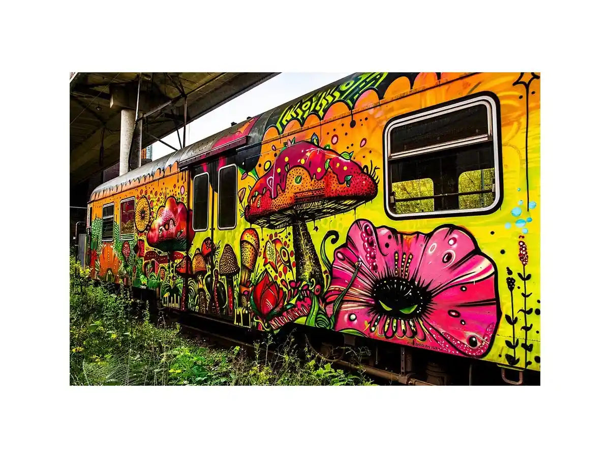 Colorful graffiti train wall art featuring psychedelic mushrooms, flowers and vibrant urban street art.