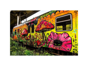 Colorful graffiti train wall art featuring psychedelic mushrooms, flowers and vibrant urban street art.