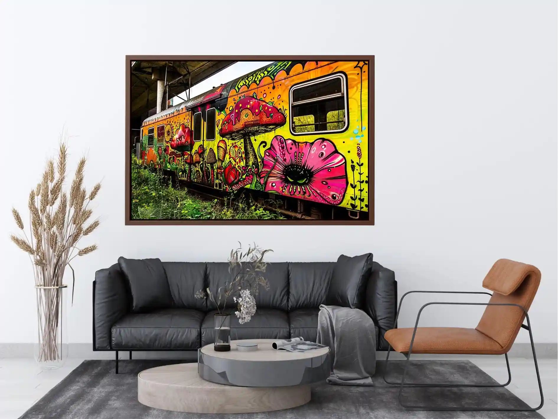 Colorful graffiti train wall art featuring psychedelic mushrooms, flowers and vibrant urban street art.