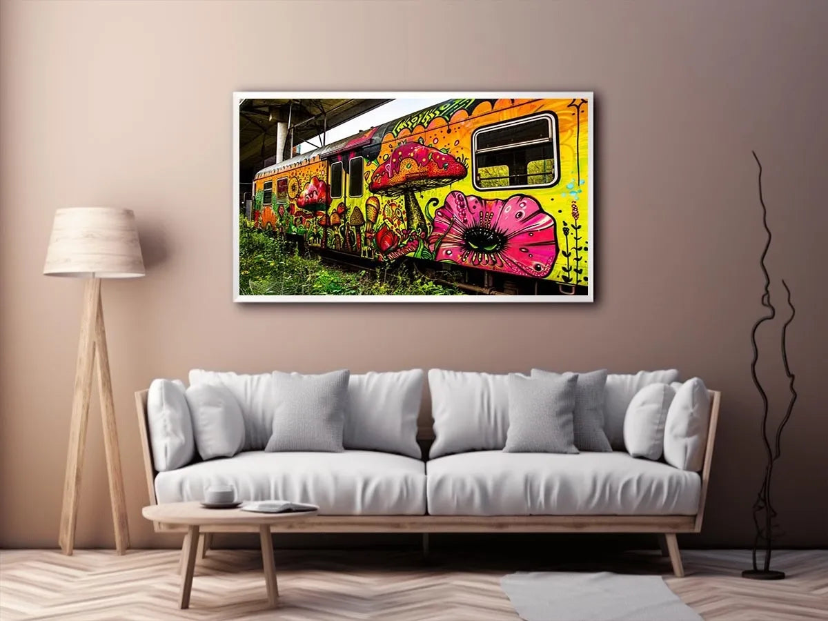 Colorful graffiti train wall art featuring psychedelic mushrooms, flowers and vibrant urban street art.