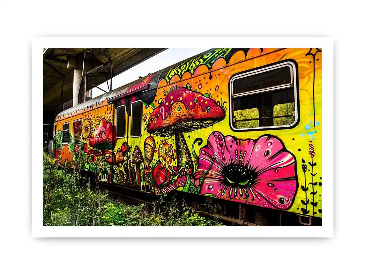 Colorful graffiti train wall art featuring psychedelic mushrooms, flowers and vibrant urban street art.
