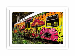 Colorful graffiti train wall art featuring psychedelic mushrooms, flowers and vibrant urban street art.
