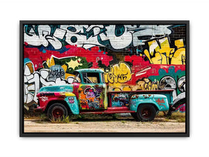 Vintage graffiti pickup truck wall art with colorful urban street mural background.