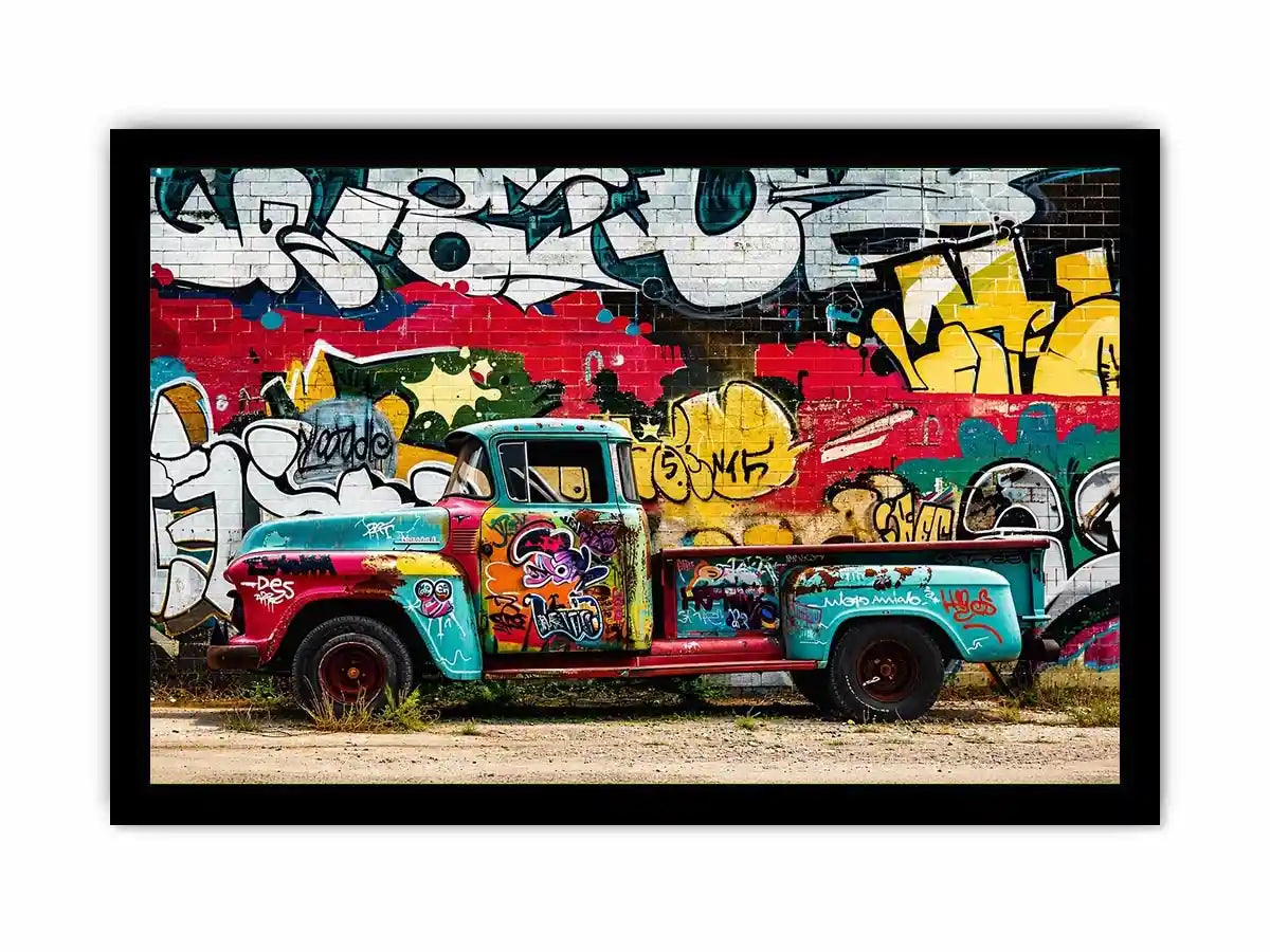 Vintage graffiti pickup truck wall art with colorful urban street mural background.