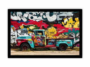 Vintage graffiti pickup truck wall art with colorful urban street mural background.