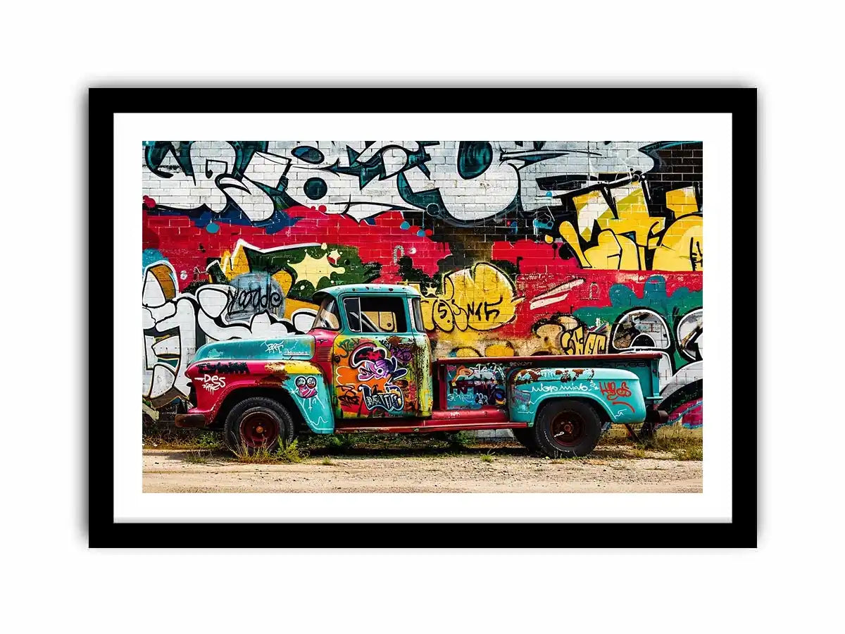 Vintage graffiti pickup truck wall art with colorful urban street mural background.