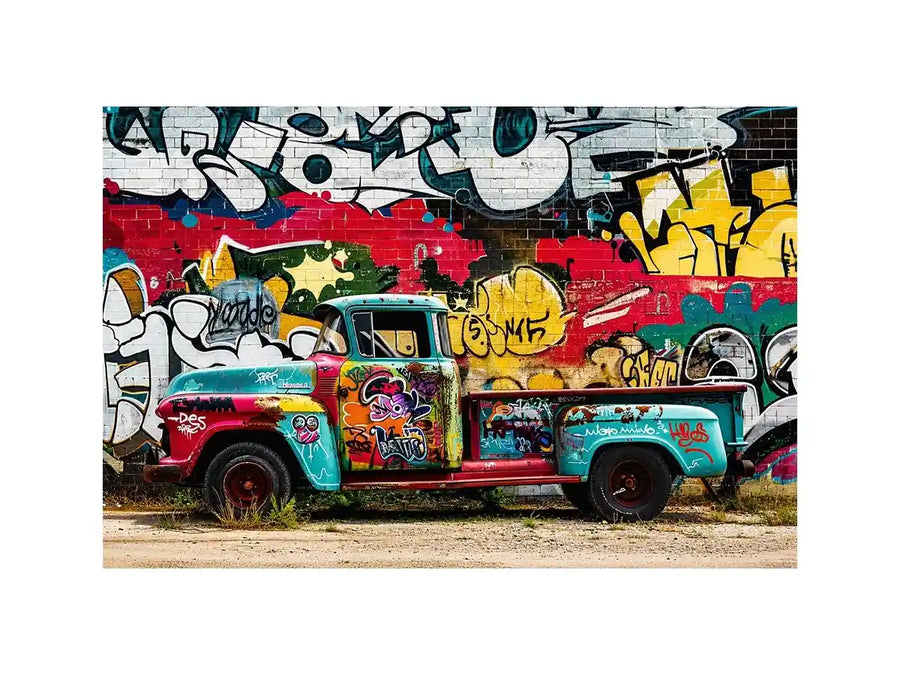 Vintage graffiti pickup truck wall art with colorful urban street mural background.