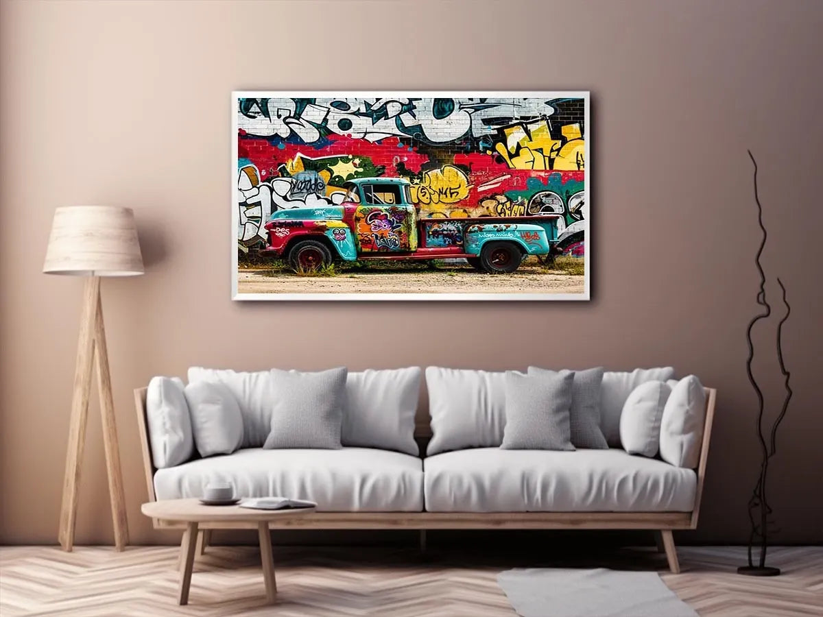 Vintage graffiti pickup truck wall art with colorful urban street mural background.