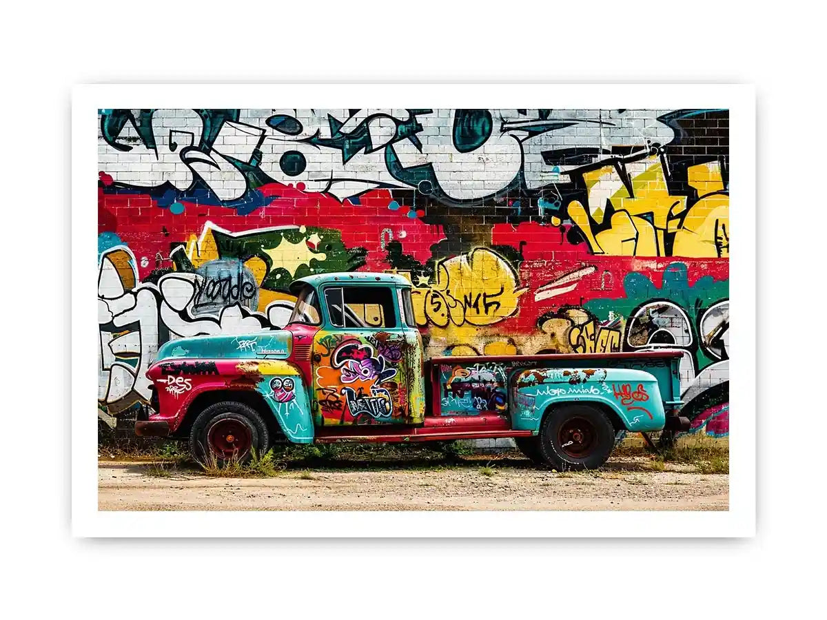 Vintage graffiti pickup truck wall art with colorful urban street mural background.
