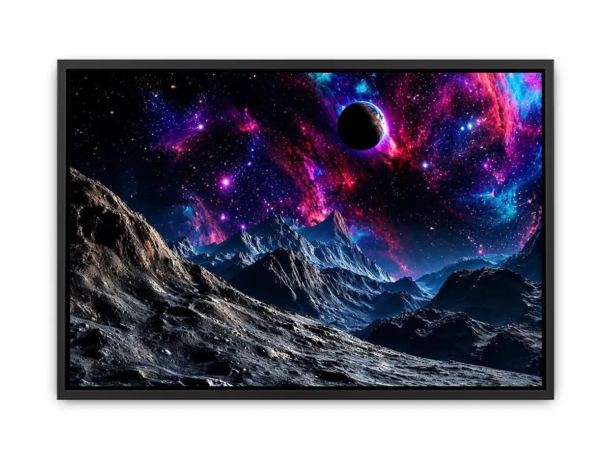 Cosmic galaxy landscape wall art with glowing nebula, planet and futuristic space terrain.