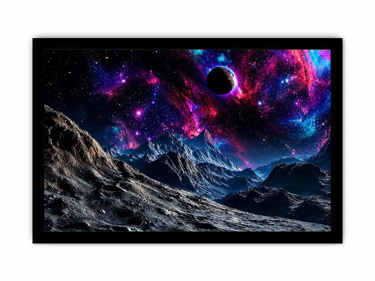 Cosmic galaxy landscape wall art with glowing nebula, planet and futuristic space terrain.