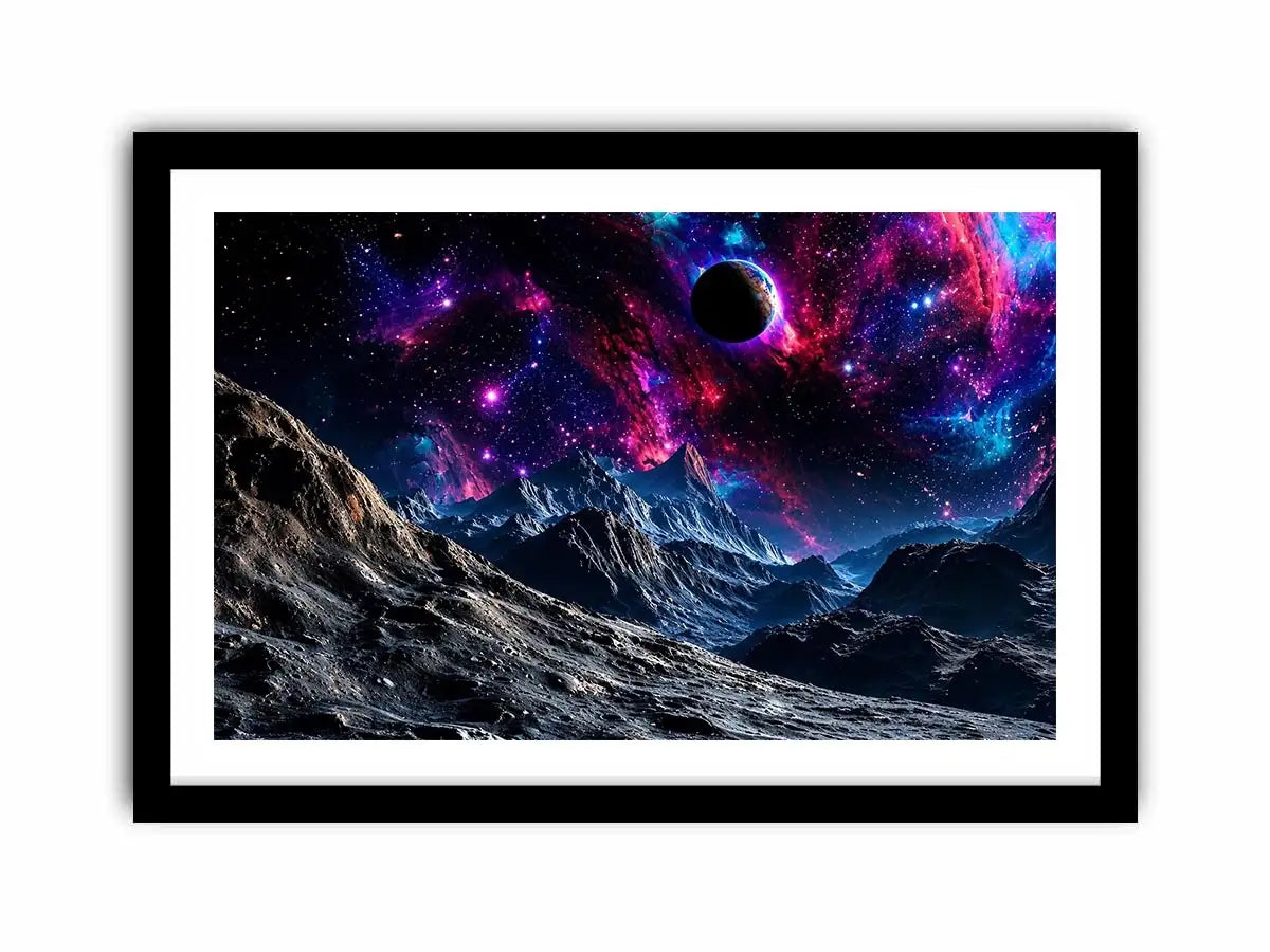 Cosmic galaxy landscape wall art with glowing nebula, planet and futuristic space terrain.