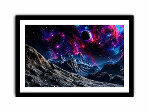 Cosmic galaxy landscape wall art with glowing nebula, planet and futuristic space terrain.