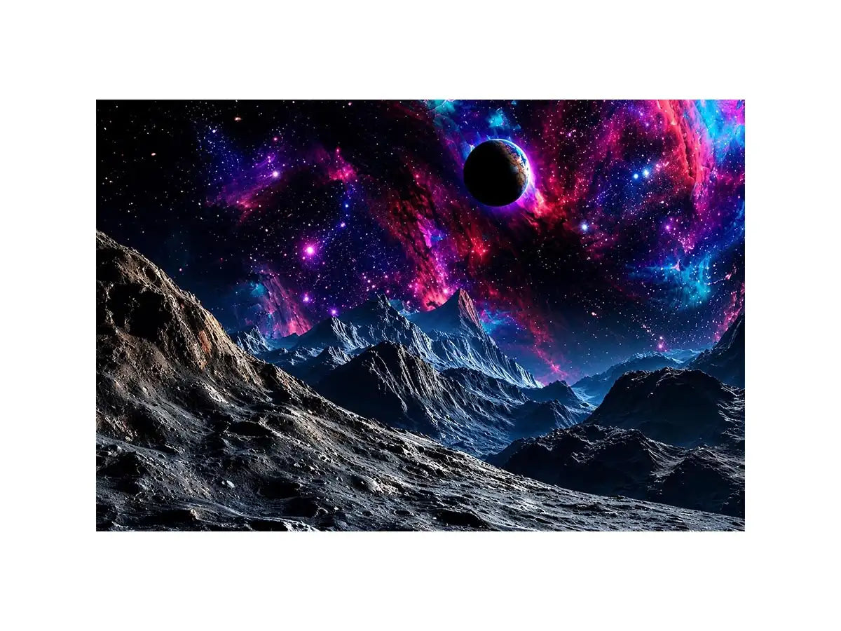 Cosmic galaxy landscape wall art with glowing nebula, planet and futuristic space terrain.