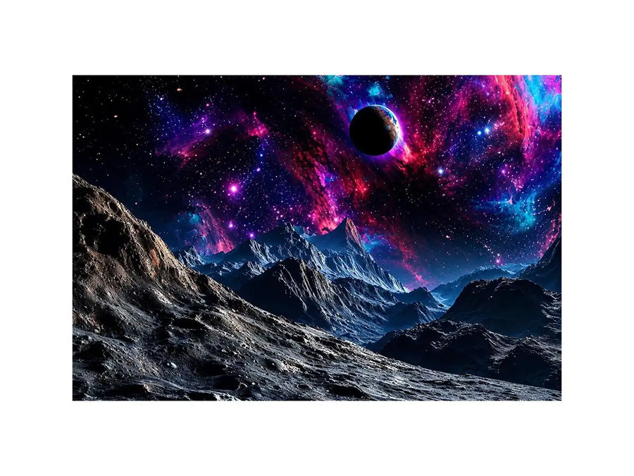 Cosmic galaxy landscape wall art with glowing nebula, planet and futuristic space terrain.