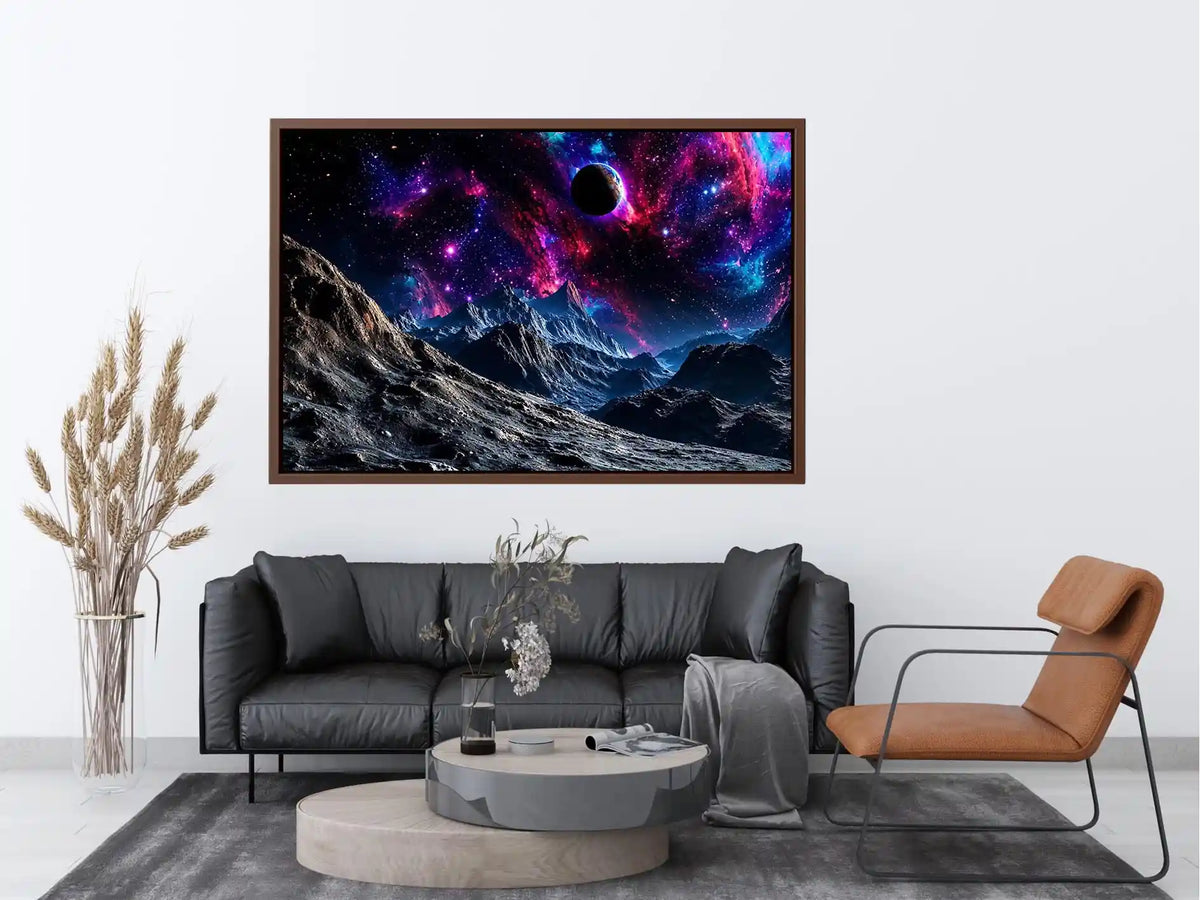 Cosmic galaxy landscape wall art with glowing nebula, planet and futuristic space terrain.