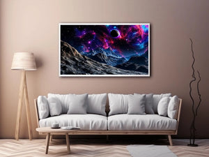 Cosmic galaxy landscape wall art with glowing nebula, planet and futuristic space terrain.