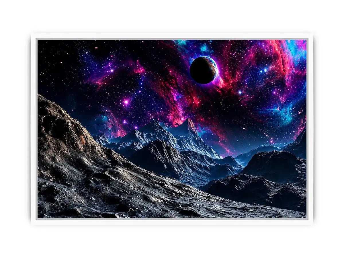 Cosmic galaxy landscape wall art with glowing nebula, planet and futuristic space terrain.
