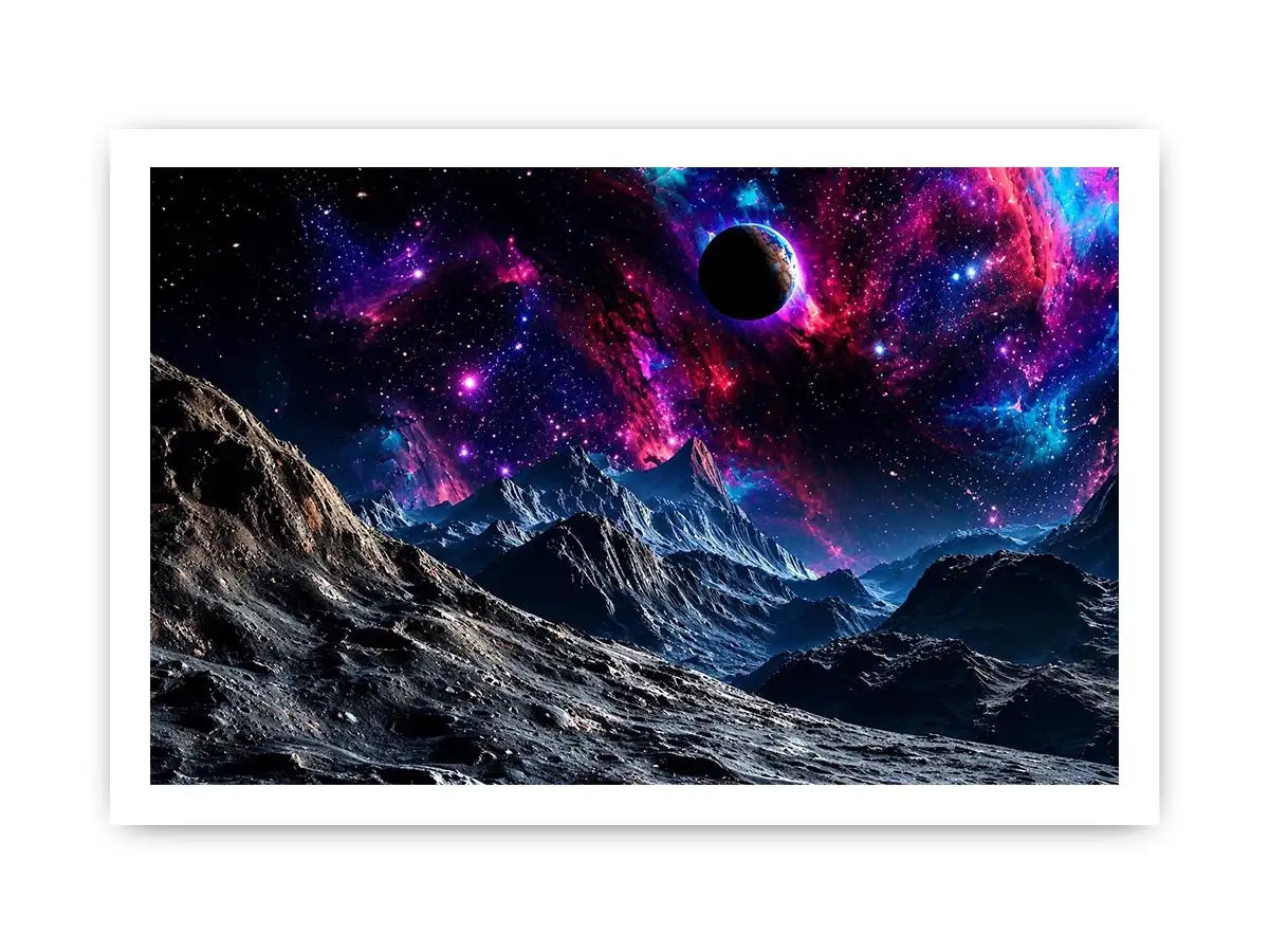 Cosmic galaxy landscape wall art with glowing nebula, planet and futuristic space terrain.
