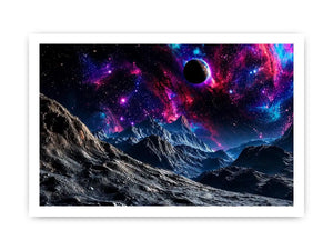 Cosmic galaxy landscape wall art with glowing nebula, planet and futuristic space terrain.