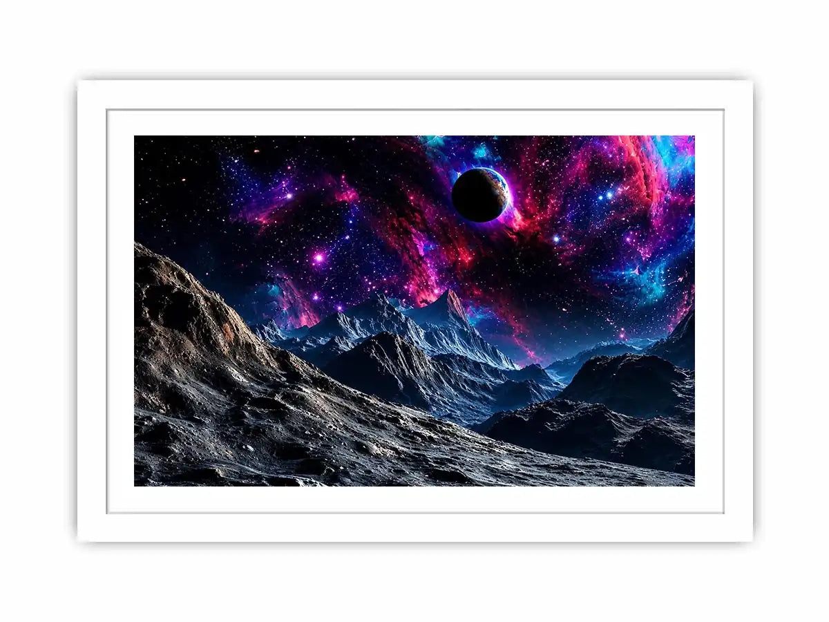Cosmic galaxy landscape wall art with glowing nebula, planet and futuristic space terrain.