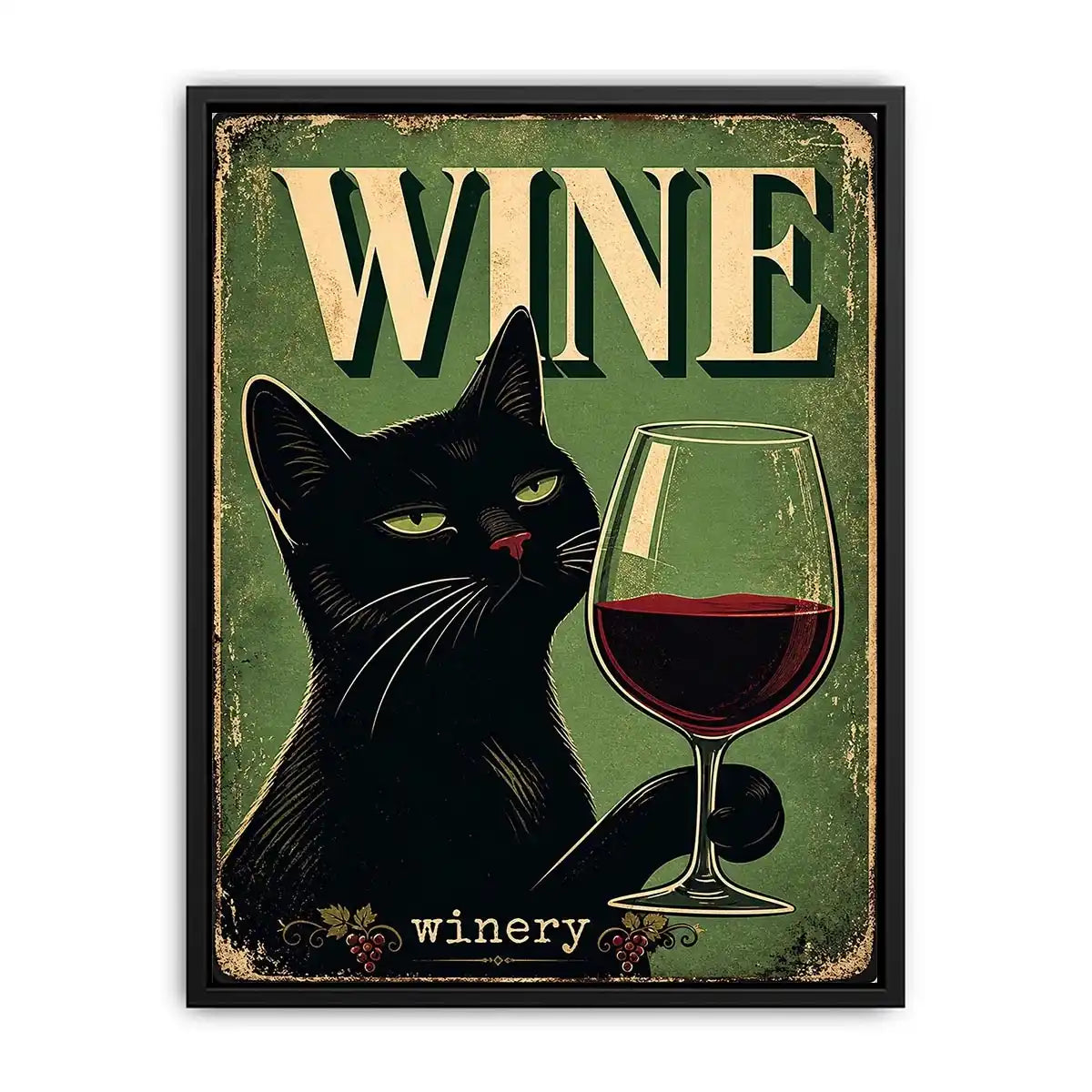 Vintage style poster of a black cat holding a glass of red wine with retro typography