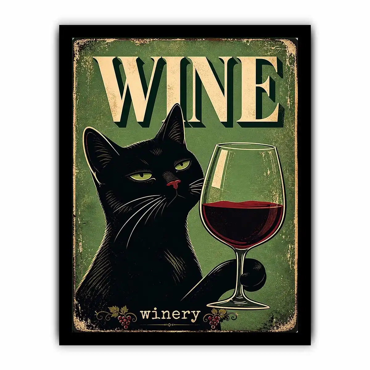 Vintage style poster of a black cat holding a glass of red wine with retro typography