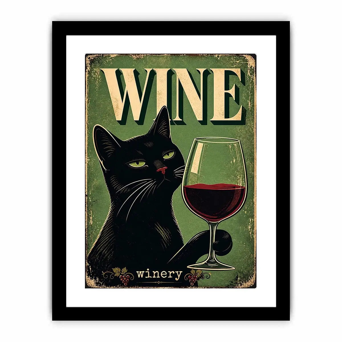 Vintage style poster of a black cat holding a glass of red wine with retro typography