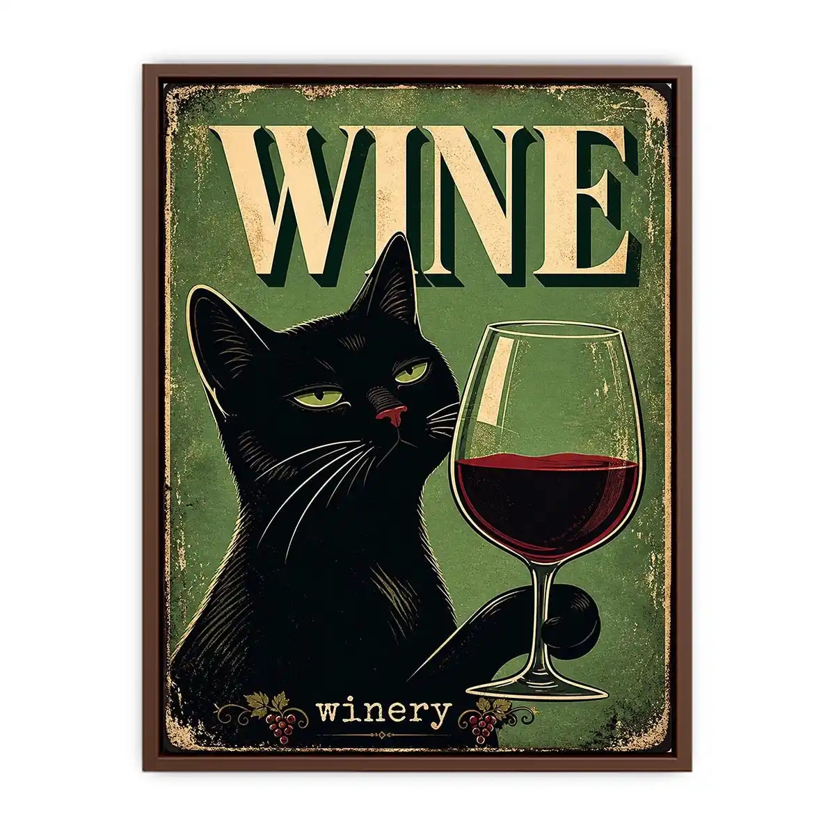 Vintage style poster of a black cat holding a glass of red wine with retro typography