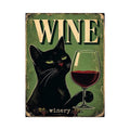 Vintage style poster of a black cat holding a glass of red wine with retro typography