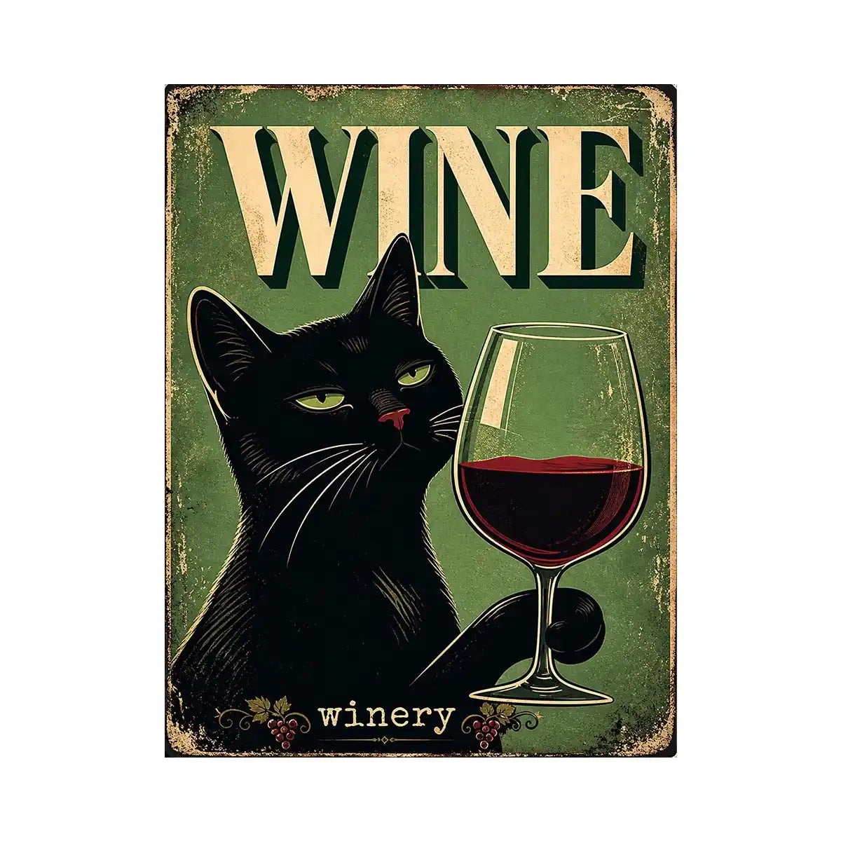 Vintage style poster of a black cat holding a glass of red wine with retro typography