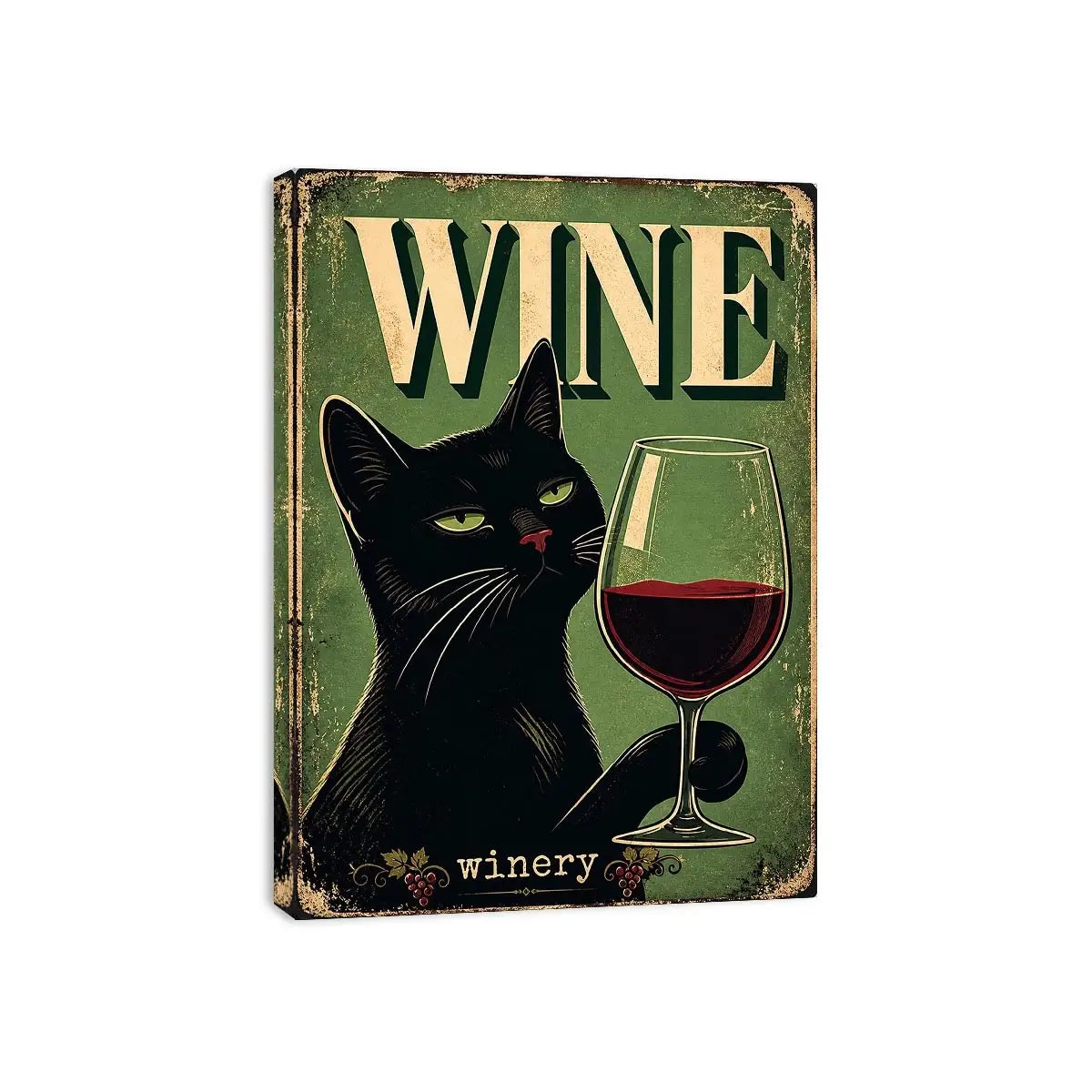 Vintage style poster of a black cat holding a glass of red wine with retro typography