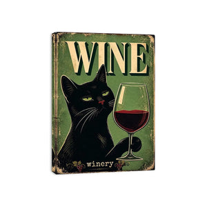 Vintage style poster of a black cat holding a glass of red wine with retro typography